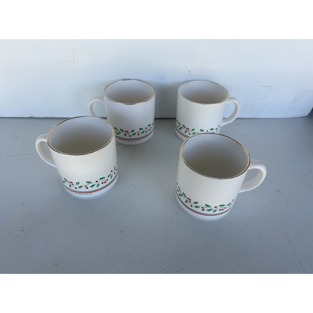 Vintage 1987 Arby’s Christmas Collection Coffee Mugs Set of 4 Holly Gold Rim